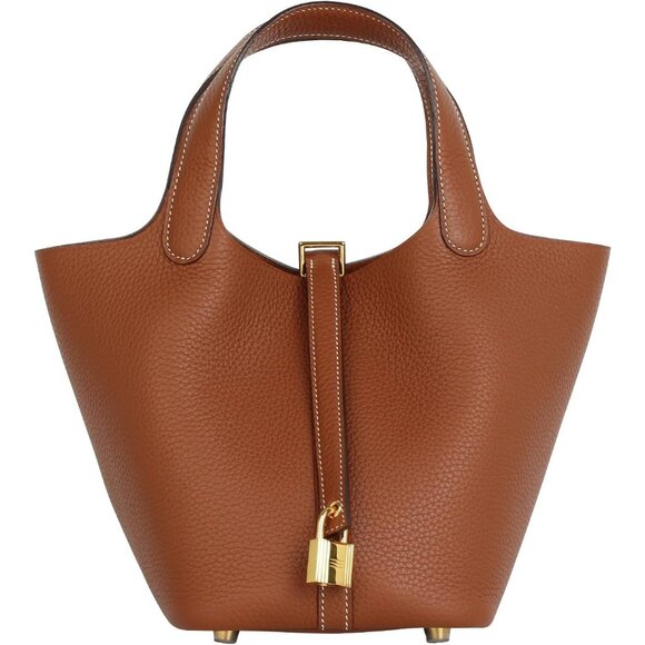 Genuine Leather Bucket Bag for Women Handheld tote bag with metal clasp bohemia